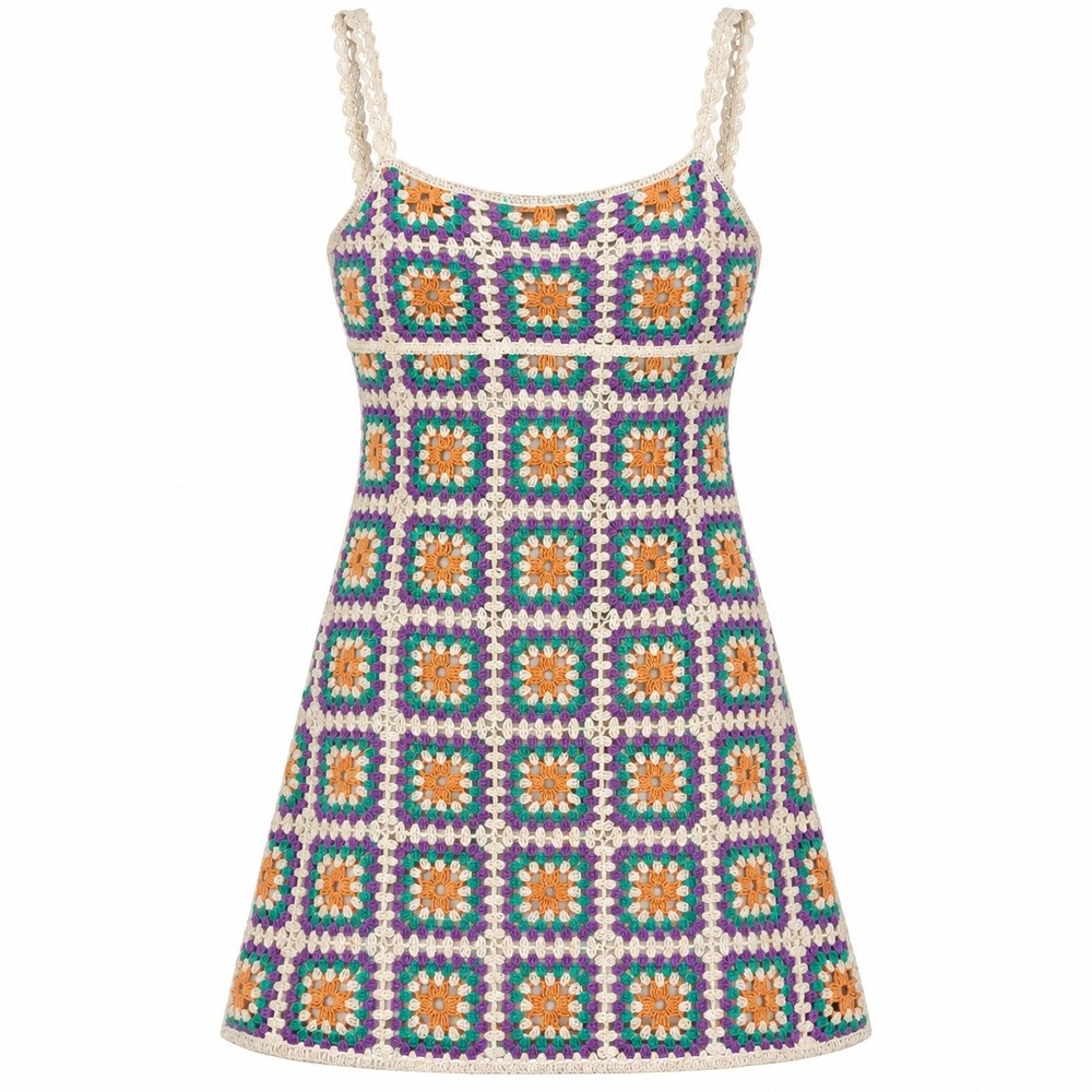 Boho Crochet Granny Square Mini Dress Multicolor Floral Spaghetti Strap Y2K